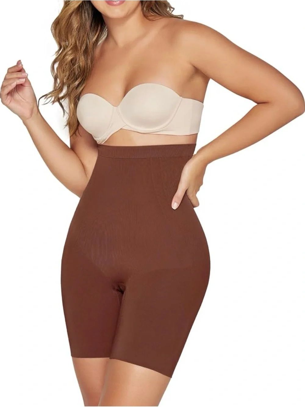 0105 High-Waist Brown Seamless Shaping Shorts - Women's Tummy Control Shapewear